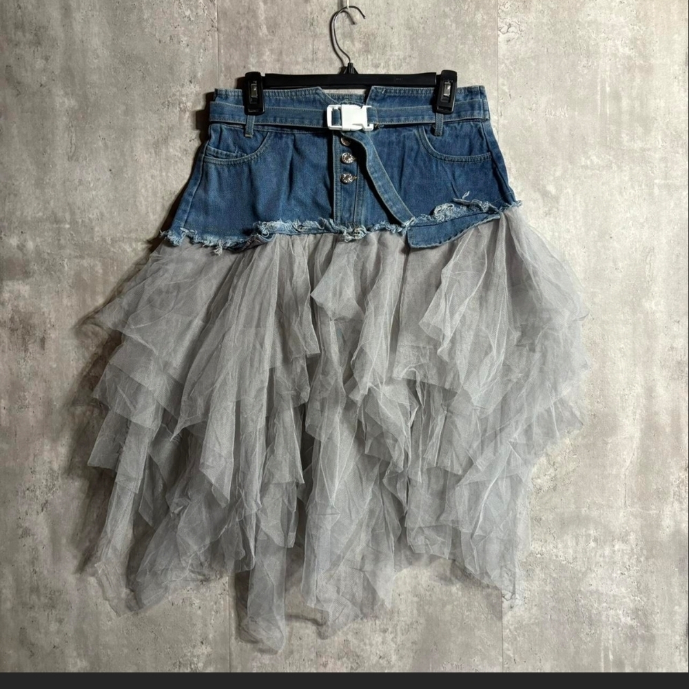 Denim and Gray Tulle Layered Skirt